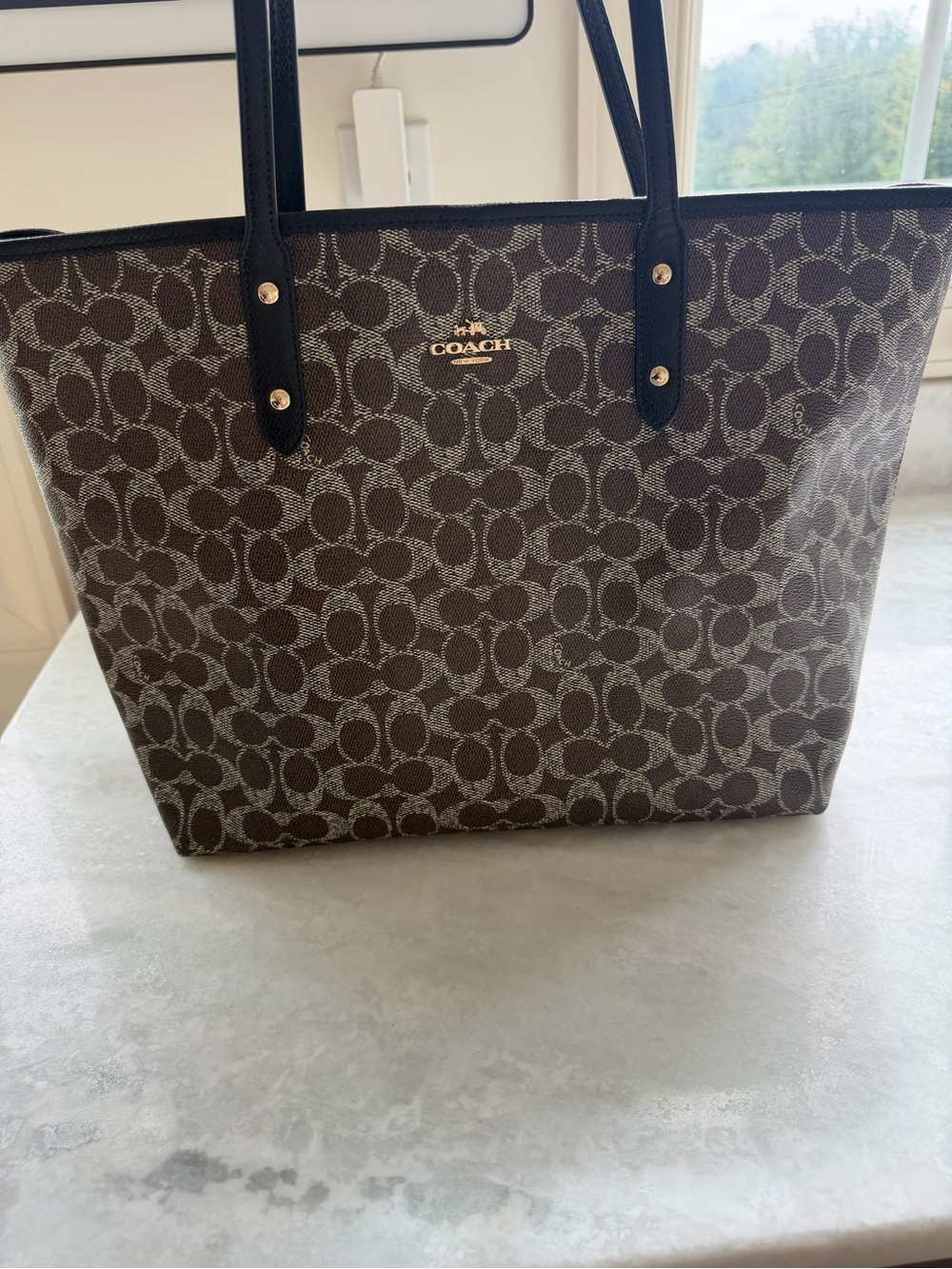 Coach Brown Signature Canvas City Tote with Black Leather Handles